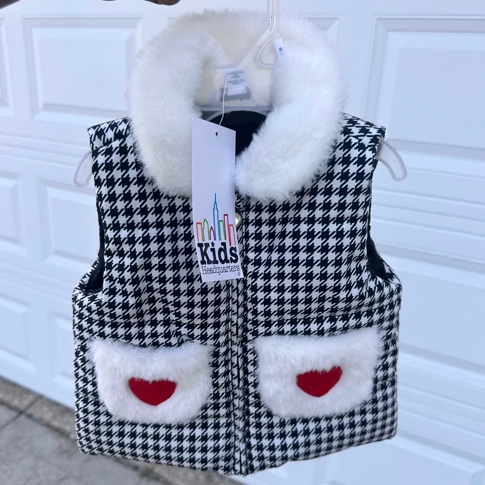 Kids Headquarters Baby Girl Houndstooth Faux Fur Puffer Vest Size 12 Months NWT